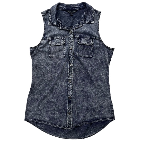 Rock & Republic Womens Small Faded Denim Wash Cotton Sleeveless Button Up Blouse - Picture 1 of 14